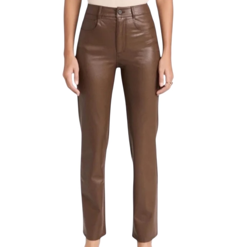 Paige Stella Faux Leather Straight-Leg Pants Chestnut High Rise Stretch